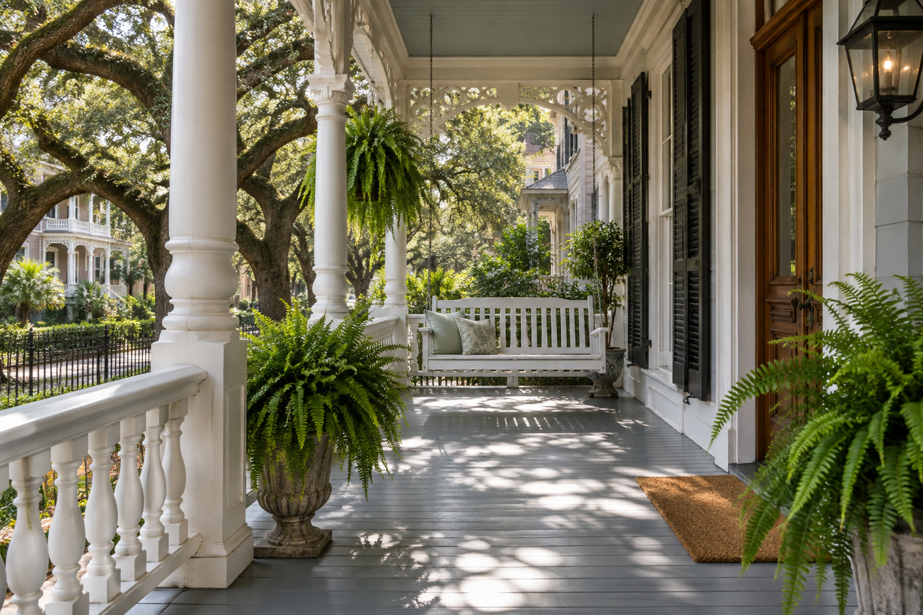 The porch of a restored Victorian home in Galveston