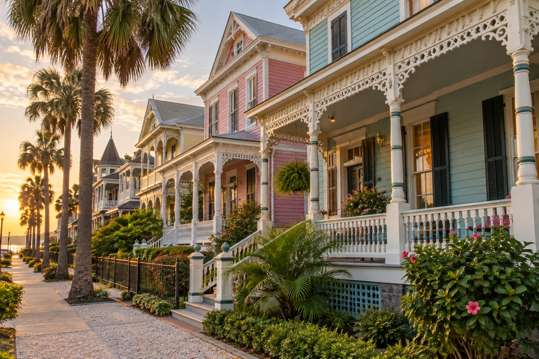 Restored Victorian cottages on a Galveston street