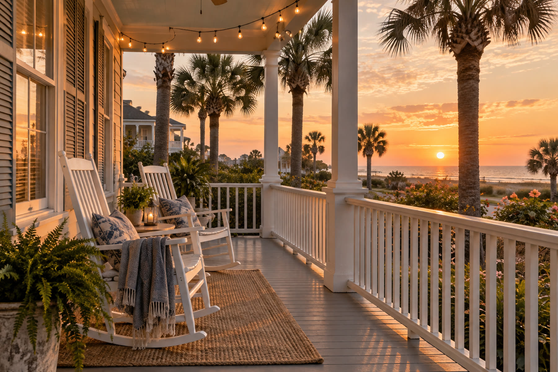 A Galveston island veranda at sunset