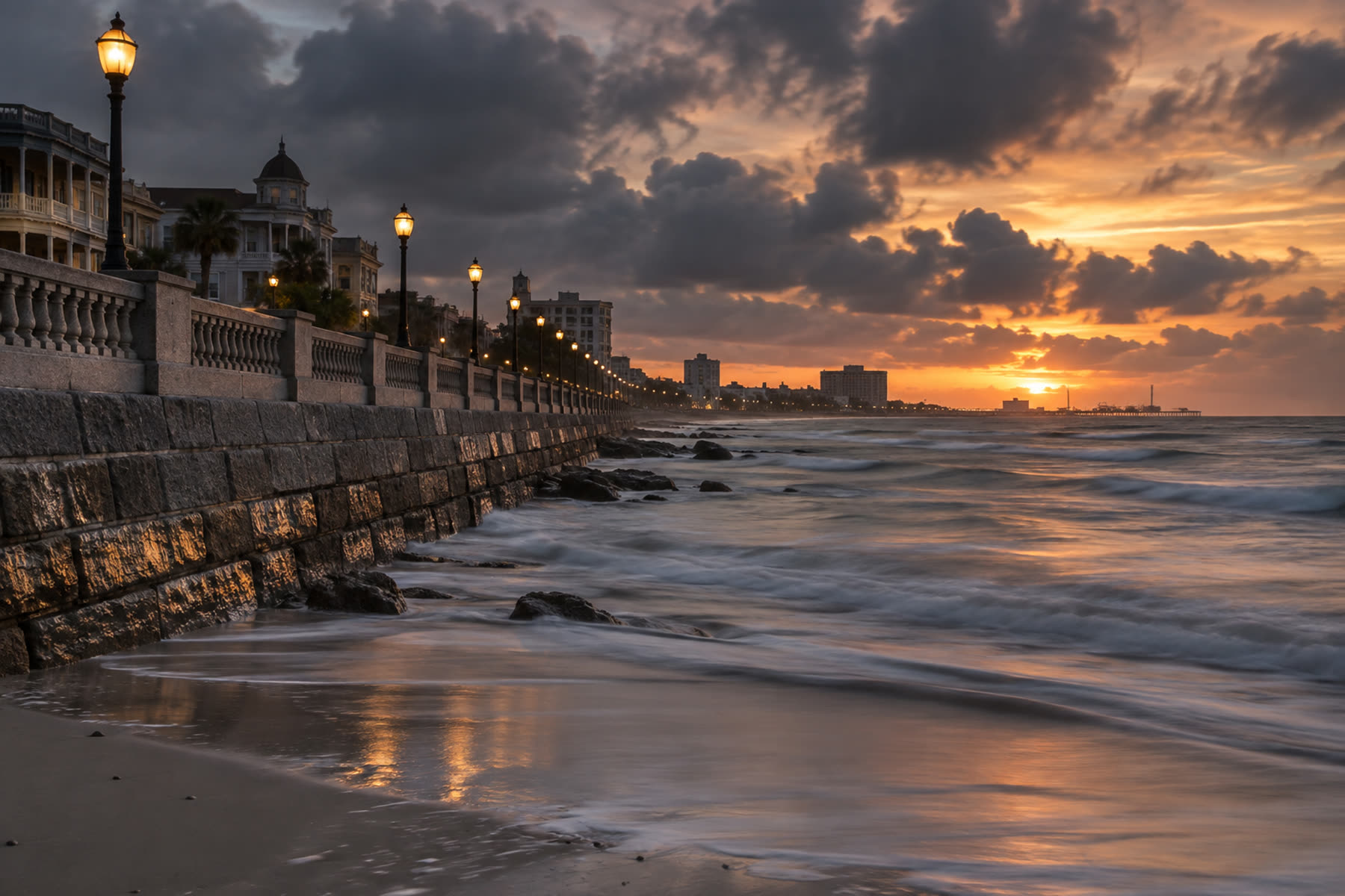 The Galveston seawall at dusk