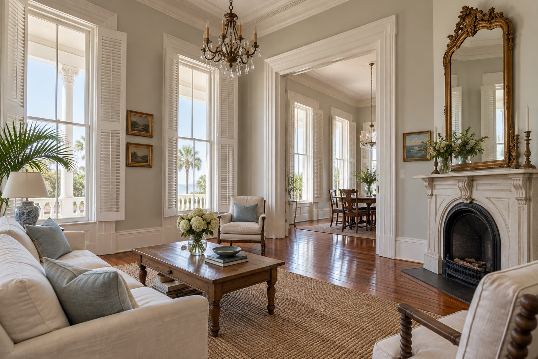 The interior of a restored historic Galveston home