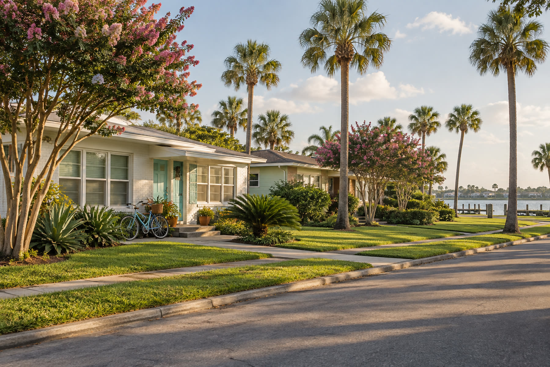 Midcentury bungalows on a Galveston street