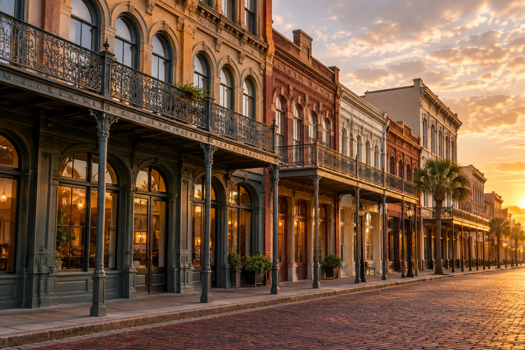Historic cast iron buildings on The Strand in Galveston